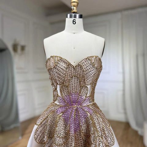 Robe de soirée luxueuse beige à perles et papillons pour femme, tenue de mariage élégante en satin, décolleté en cœur, LA72195