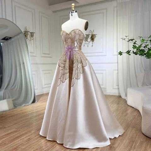 Robe de soirée luxueuse beige à perles et papillons pour femme, tenue de mariage élégante en satin, décolleté en cœur, LA72195