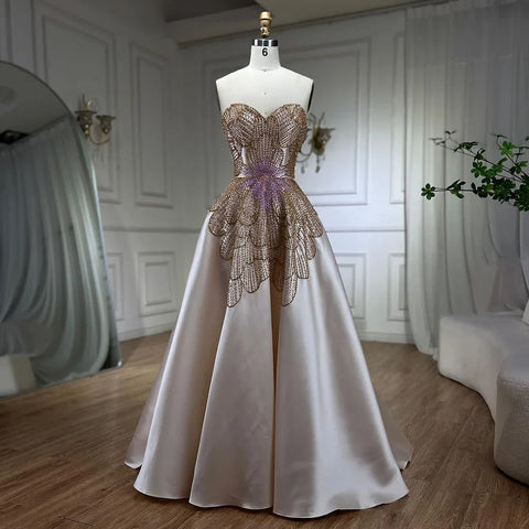 Robe de soirée luxueuse beige à perles et papillons pour femme, tenue de mariage élégante en satin, décolleté en cœur, LA72195