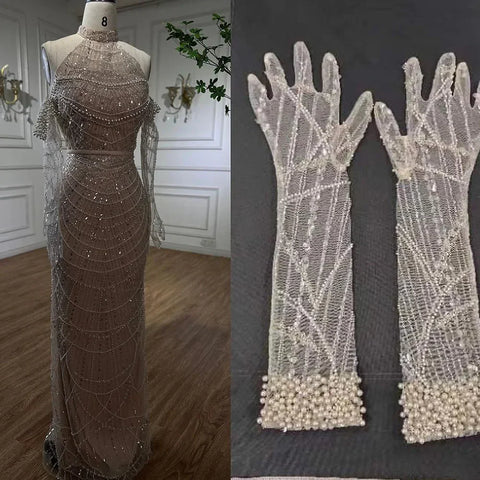 Dubai Arabia Luxury Evening Dresses Gowns 2025 for Women Nude Mermaid With Gloves for Wedding Parties LA72032A