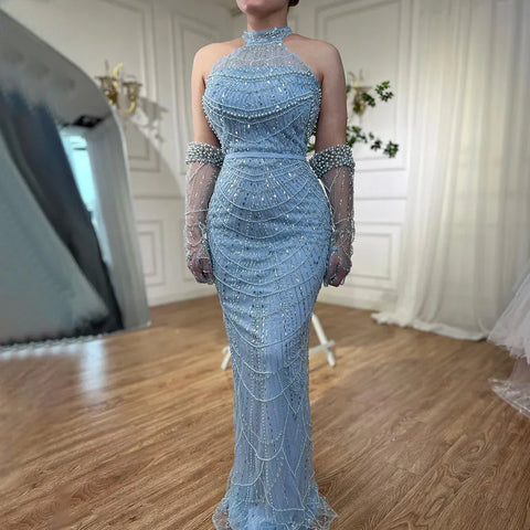 Dubai Arabia Luxury Evening Dresses Gowns 2025 for Women Nude Mermaid With Gloves for Wedding Parties LA72032A