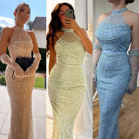 Dubai Arabia Luxury Evening Dresses Gowns 2025 for Women Nude Mermaid With Gloves for Wedding Parties LA72032A