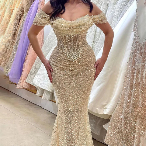 Dubai Arabia Nude Elegant Mermaid Evening Dresses Gowns Luxury Pearls Beaded 2025 For Women Wedding Party LA72270