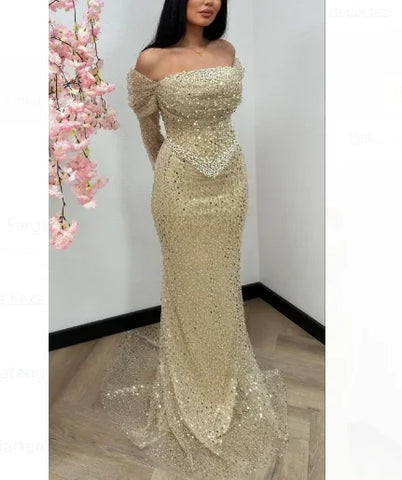 Dubai Arabia Nude Elegant Mermaid Evening Dresses Gowns Luxury Pearls Beaded 2025 For Women Wedding Party LA72270