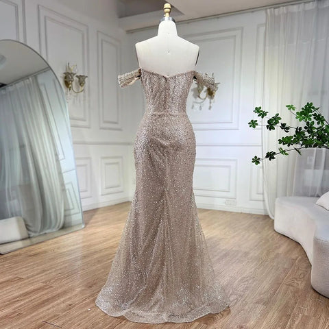 Dubai Arabia Nude Elegant Mermaid Evening Dresses Gowns Luxury Pearls Beaded 2025 For Women Wedding Party LA72270