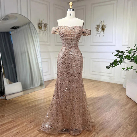 Dubai Arabia Nude Elegant Mermaid Evening Dresses Gowns Luxury Pearls Beaded 2025 For Women Wedding Party LA72270
