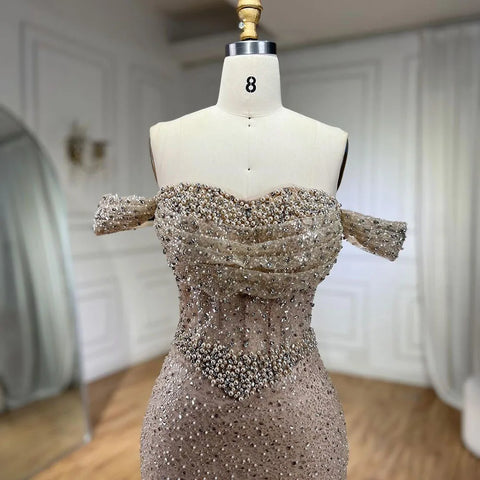 Dubai Arabia Nude Elegant Mermaid Evening Dresses Gowns Luxury Pearls Beaded 2025 For Women Wedding Party LA72270