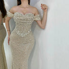 Dubai Arabia Nude Elegant Mermaid Evening Dresses Gowns Luxury Pearls Beaded 2025 For Women Wedding Party LA72270