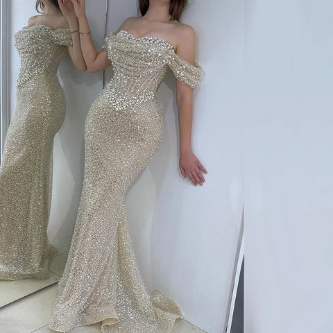 Dubai Arabia Nude Elegant Mermaid Evening Dresses Gowns Luxury Pearls Beaded 2025 For Women Wedding Party LA72270