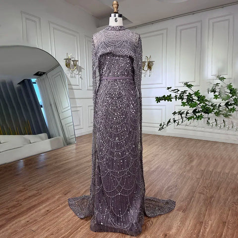 Luxury Designer Pearls Nude Evening Dresses  Gowns with Cape LA72032