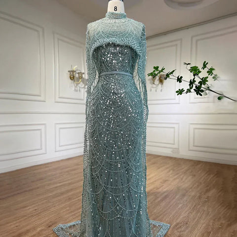 Luxury Designer Pearls Nude Evening Dresses  Gowns with Cape LA72032