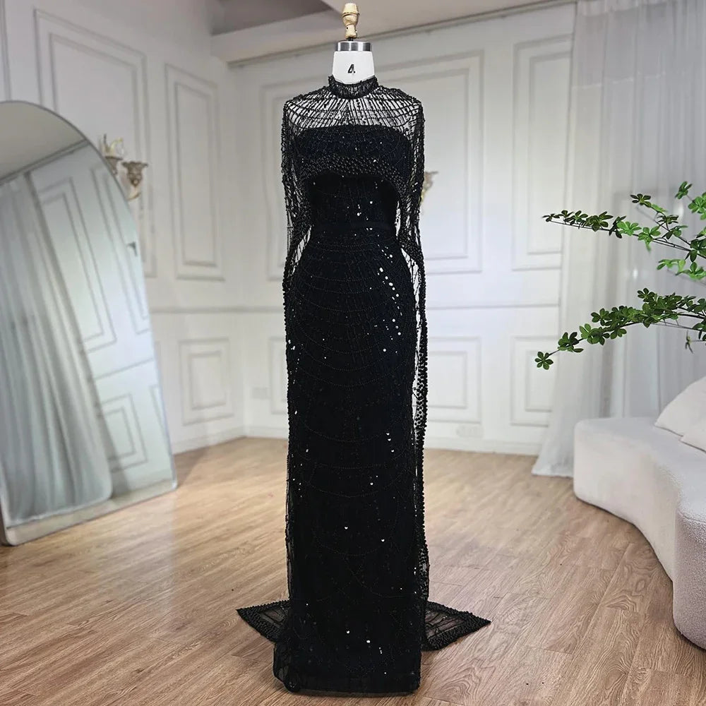 Luxury Designer Pearls Nude Evening Dresses  Gowns with Cape LA72032