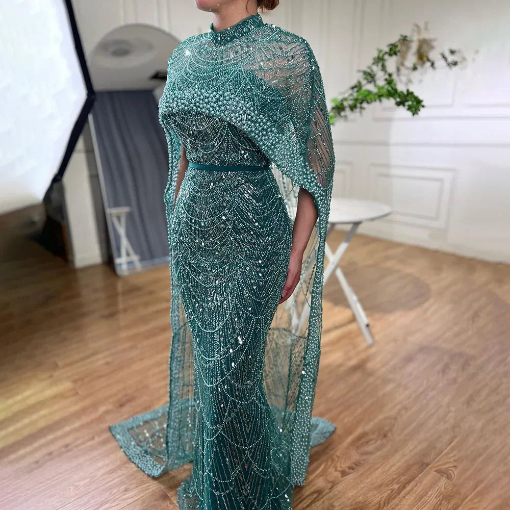 Luxury Designer Pearls Nude Evening Dresses  Gowns with Cape LA72032