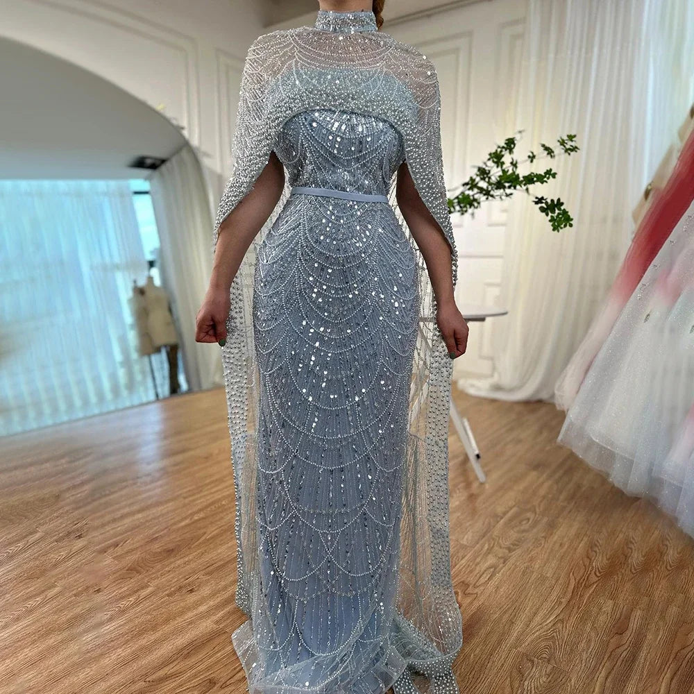 Luxury Designer Pearls Nude Evening Dresses  Gowns with Cape LA72032