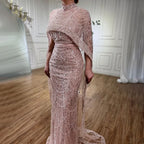 Luxury Designer Pearls Nude Evening Dresses  Gowns with Cape LA72032