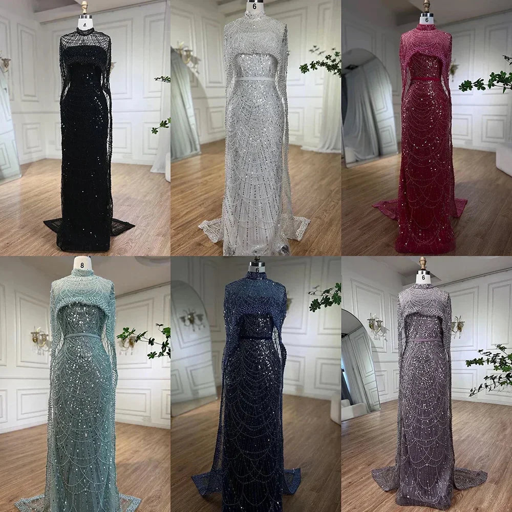 Luxury Designer Pearls Nude Evening Dresses  Gowns with Cape LA72032