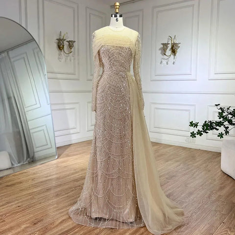 Dubai Arabia Nude Mermaid With Overskirt Luxury Evening Dresses Gowns 2025 For Women Wedding Party LA72254A