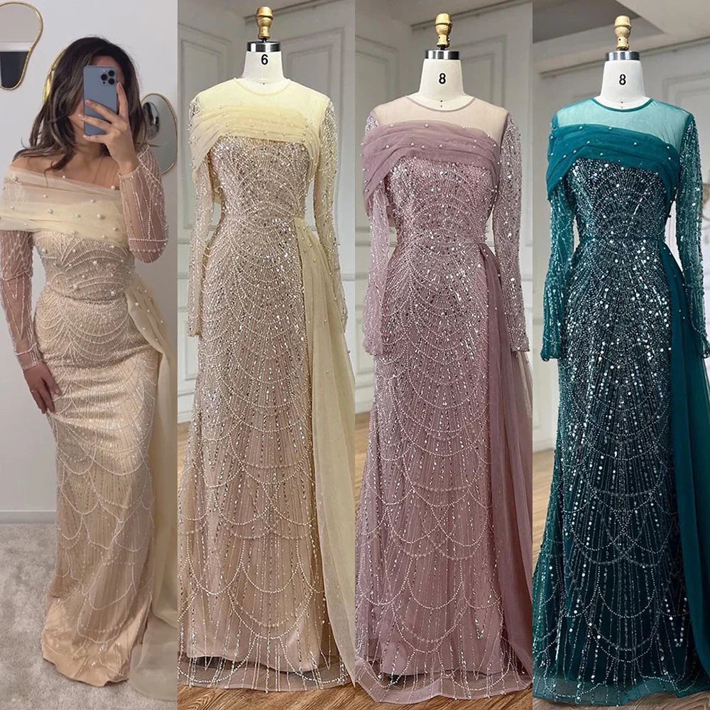 Dubai Arabia Nude Mermaid With Overskirt Luxury Evening Dresses Gowns 2025 For Women Wedding Party LA72254A