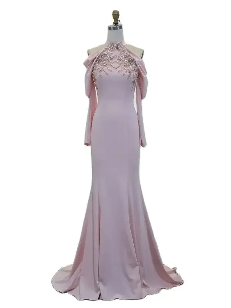 Dubai Arabia Pink Elegant Mermaid Satin Beaded Luxury Evening Dresses Gowns 2025 For Women Wedding Party LA72275