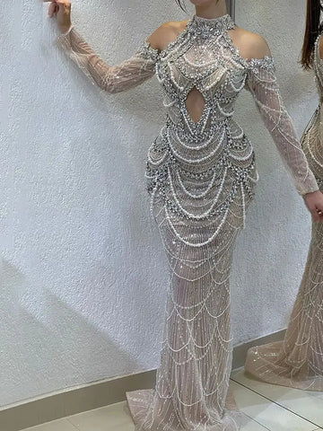 Dubai Arabian Luxury Evening Gowns 2025 for Women Nude Dress with Front Cutout for Weddings and Parties LA72607