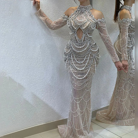 Dubai Arabian Luxury Evening Gowns 2025 for Women Nude Dress with Front Cutout for Weddings and Parties LA72607