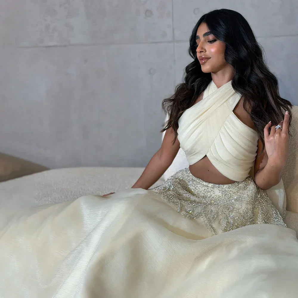 Dubai Arabic Beige A Line Halter Beaded Luxury Evening Dresses Gowns For Women Wedding Party 2025 LA72278