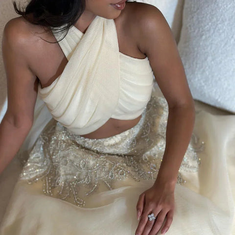 Dubai Arabic Beige A Line Halter Beaded Luxury Evening Dresses Gowns For Women Wedding Party 2025 LA72278