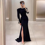 Black Satin Split Mermaid Luxury Evening Dress Gown LA72476