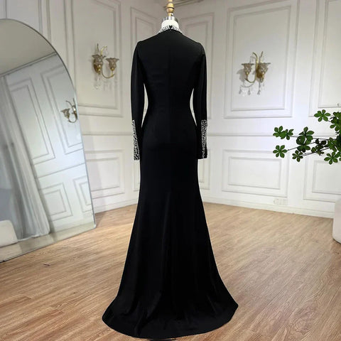 Black Satin Split Mermaid Luxury Evening Dress Gown LA72476
