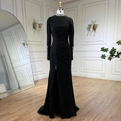 Black Satin Split Mermaid Luxury Evening Dress Gown LA72476