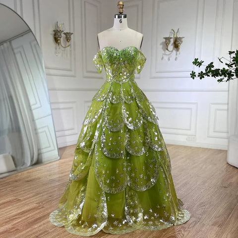 Dubai Arabic Blue A Line Luxury Beaded Bling Evening Dresses Gowns For Women Wedding Party 2025 LA72307