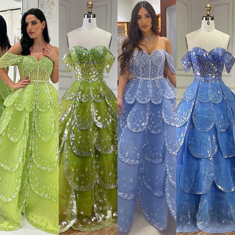Dubai Arabic Blue A Line Luxury Beaded Bling Evening Dresses Gowns For Women Wedding Party 2025 LA72307