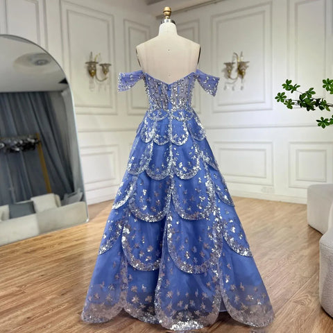Dubai Arabic Blue A Line Luxury Beaded Bling Evening Dresses Gowns For Women Wedding Party 2025 LA72307