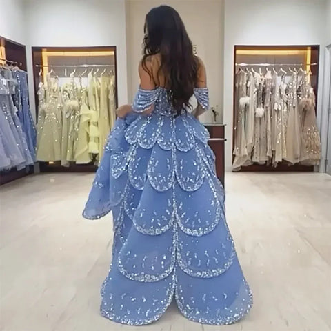 Dubai Arabic Blue A Line Luxury Beaded Bling Evening Dresses Gowns For Women Wedding Party 2025 LA72307