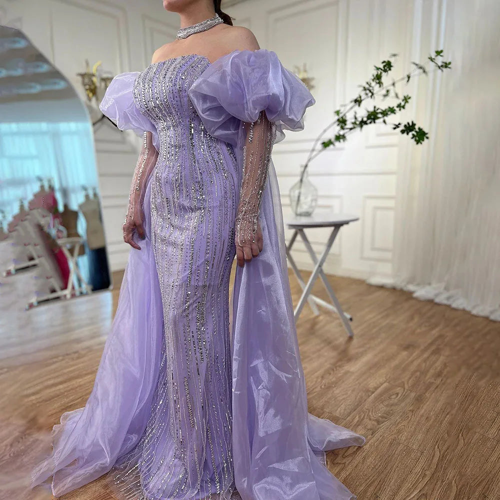 Luxury Dubai Arabic Blue Mermaid Balloon Sleeves Beaded Evening Dresses LA71823