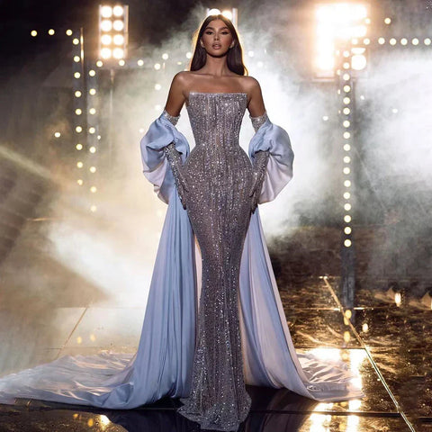 Luxury Dubai Arabic Blue Mermaid Balloon Sleeves Beaded Evening Dresses LA71823