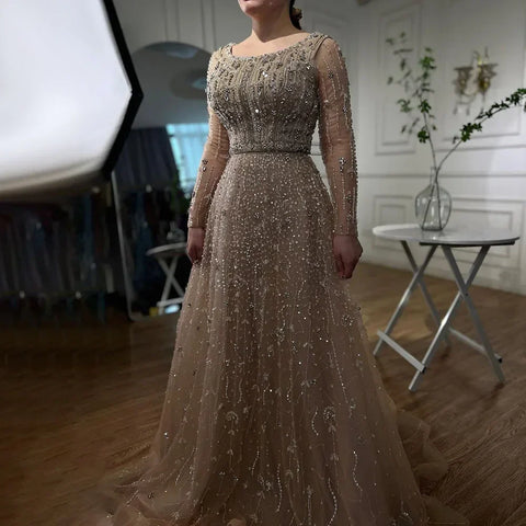 Dubai Arabic Designer Luxury Nude A Line Beaded Evening Dresses Gowns For Women Wedding Party 2025 LA72088