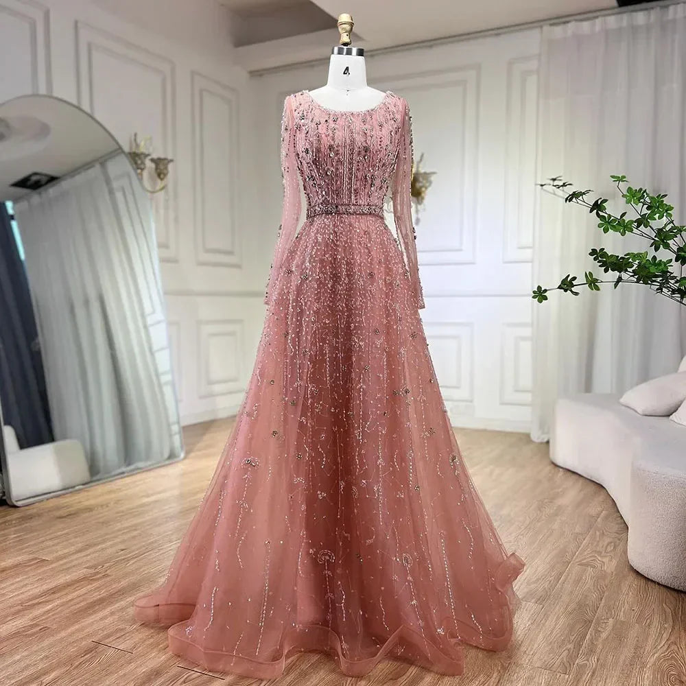 Dubai Arabic Designer Luxury Nude A Line Beaded Evening Dresses Gowns For Women Wedding Party 2025 LA72088