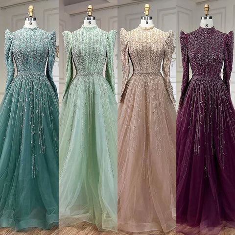 Dubai Arabic Designer Luxury Sage Green A Line Beaded Evening Dresses Gowns For Women Wedding Party 2025 LA72342