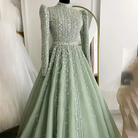 Dubai Arabic Designer Luxury Sage Green A Line Beaded Evening Dresses Gowns For Women Wedding Party 2025 LA72342