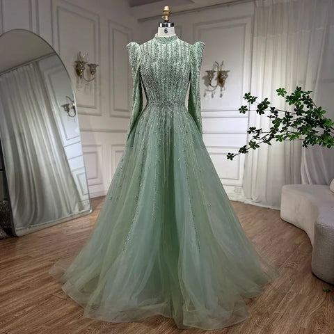 Dubai Arabic Designer Luxury Sage Green A Line Beaded Evening Dresses Gowns For Women Wedding Party 2025 LA72342