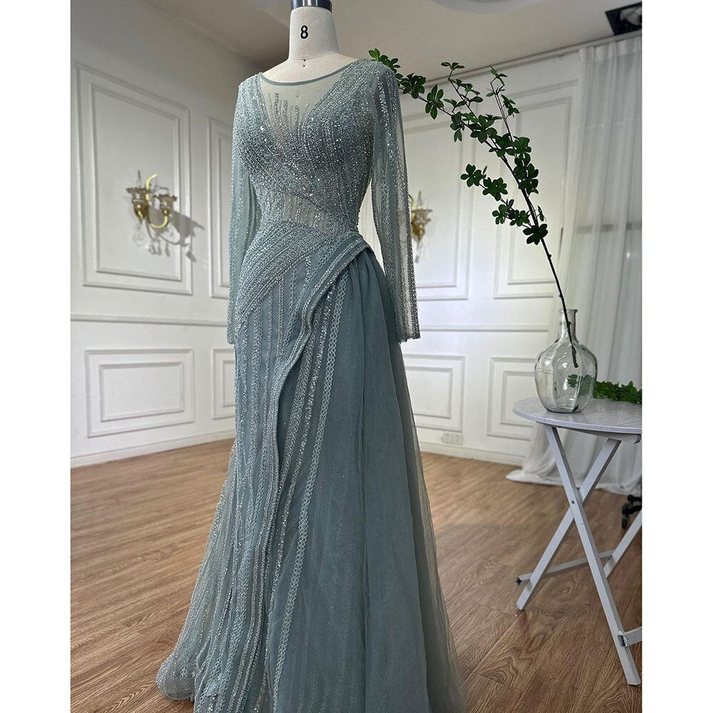 Dubai Arabic Designer Luxury Turquoise Mermaid Beaded Evening Dresses Gowns For Women Wedding Party 2025 LA72124