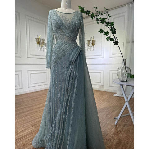 Dubai Arabic Designer Luxury Turquoise Mermaid Beaded Evening Dresses Gowns For Women Wedding Party 2025 LA72124