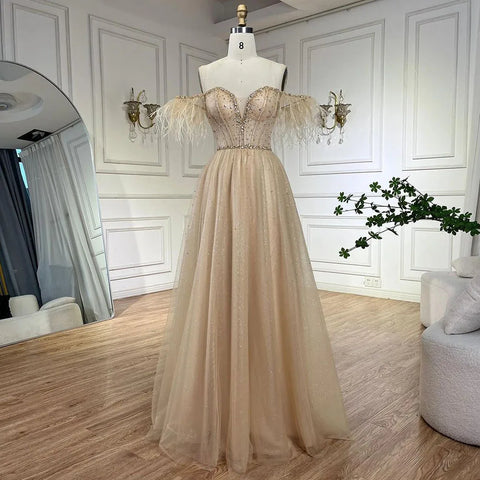 Dubai Arabic Elegant Lilac Feathers Beaded A-Line Evening Gown 2025 Luxury Dress for Women Long Party Dress LA72326