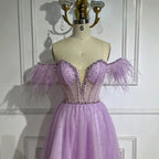 Dubai Arabic Elegant Lilac Feathers Beaded A-Line Evening Gown 2025 Luxury Dress for Women Long Party Dress LA72326