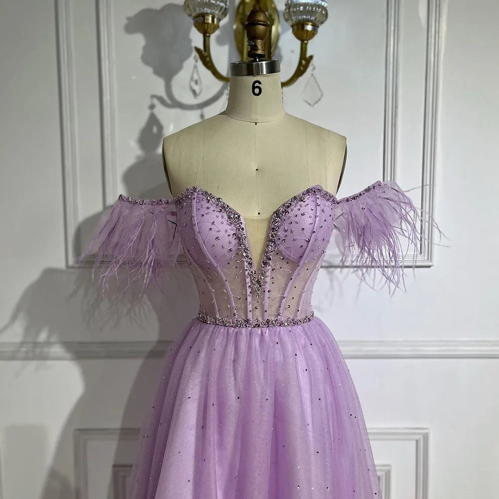 Dubai Arabic Elegant Lilac Feathers Beaded A-Line Evening Gown 2025 Luxury Dress for Women Long Party Dress LA72326