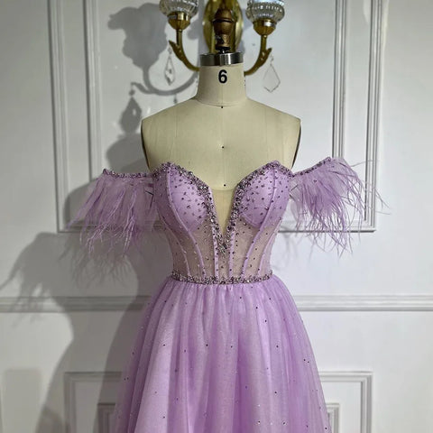 Dubai Arabic Elegant Lilac Feathers Beaded A-Line Evening Gown 2025 Luxury Dress for Women Long Party Dress LA72326