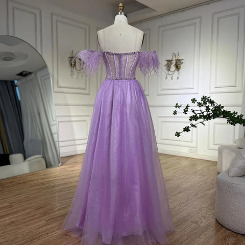 Dubai Arabic Elegant Lilac Feathers Beaded A-Line Evening Gown 2025 Luxury Dress for Women Long Party Dress LA72326