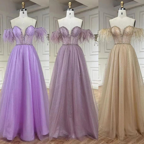 Dubai Arabic Elegant Lilac Feathers Beaded A-Line Evening Gown 2025 Luxury Dress for Women Long Party Dress LA72326