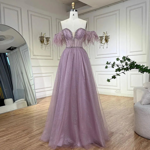 Dubai Arabic Elegant Lilac Feathers Beaded A-Line Evening Gown 2025 Luxury Dress for Women Long Party Dress LA72326